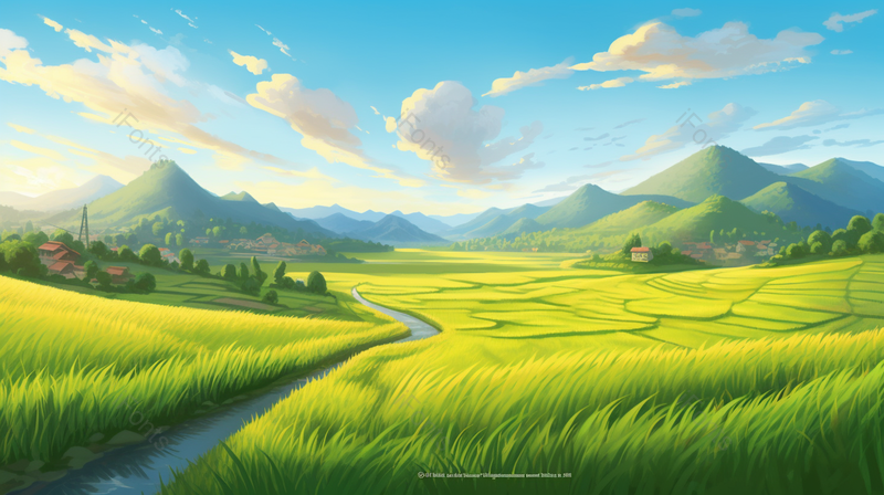 蓝天白云小溪绿色梯田稻田风光大场景手绘插画背景,插画/手绘图,插画/手绘图库,插画/手绘图下载,插画/手绘